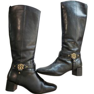 Tory‎ Burch Bristol Gold Logo Tall Black Leather Harness Zip Riding Boots 9.5 M